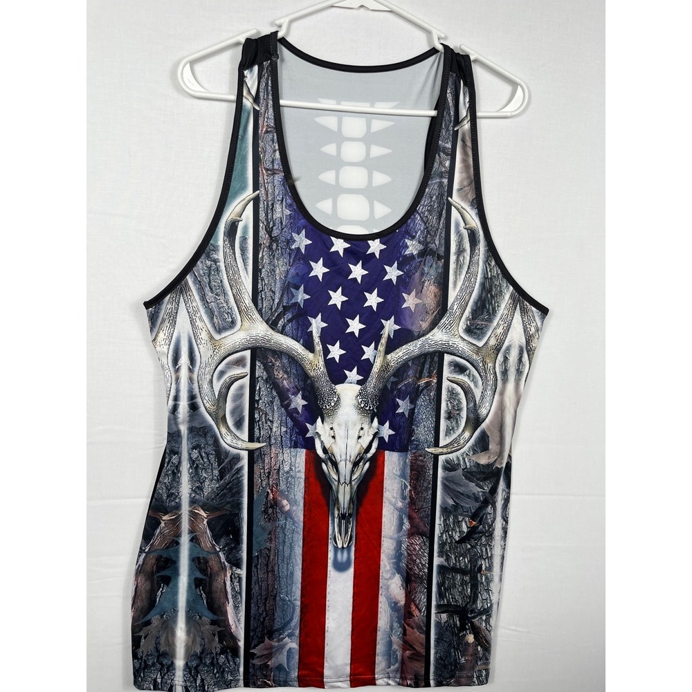 Unbranded Deer Skull American Flag Camo Tank Top Mens Large Graphic Cutout Black